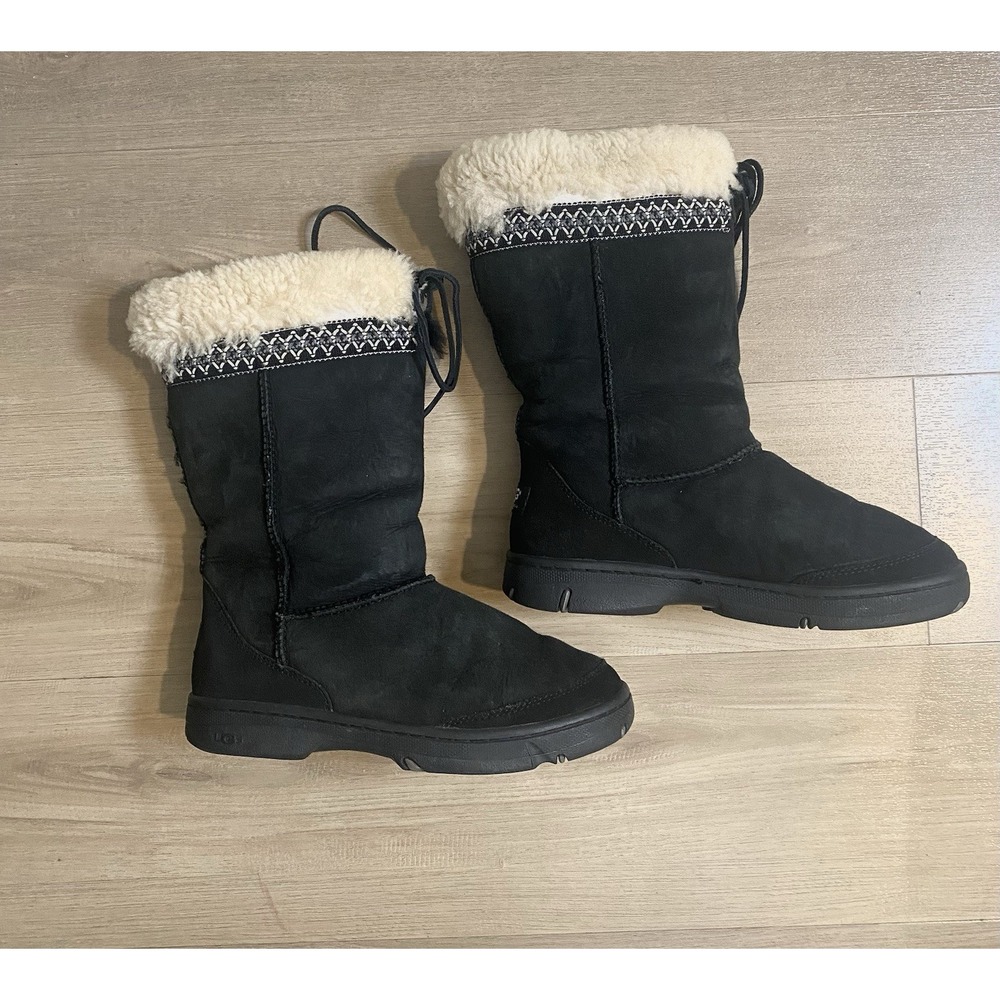 UGG Ultimate Cuff Leather Shearling Winter Snow Boots Black Women Size 8 - Picture 3 of 6